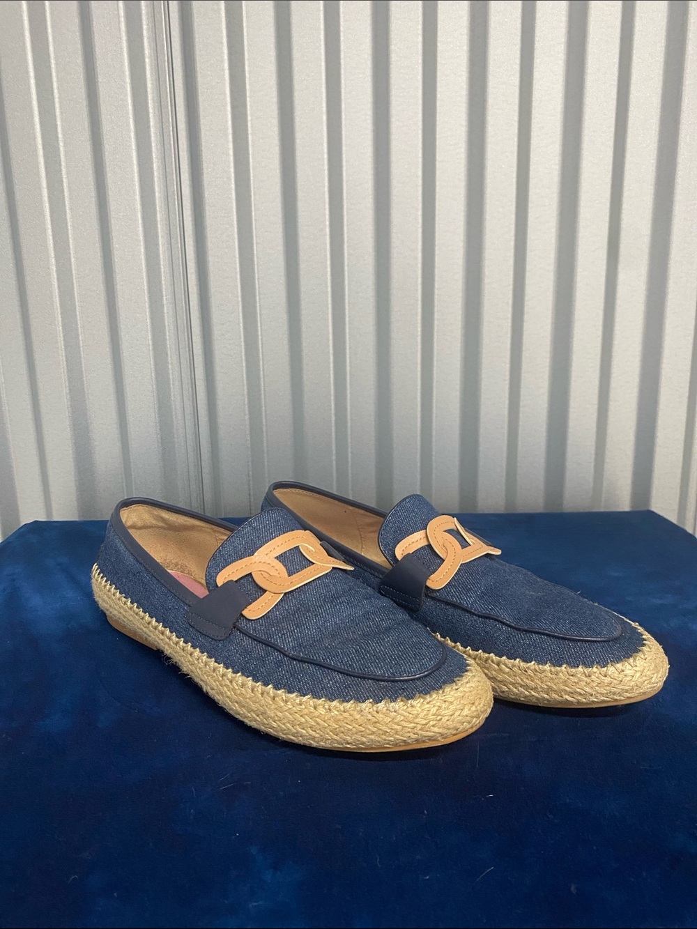 Denim Espadrille Loafers with Tan Trim